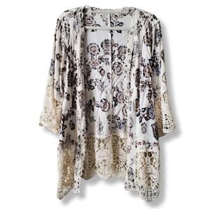 Solitaire Women Floral Crochet Kimono 2X Neutral Boho Fairy Artsy Statement NEW